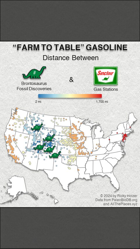 sinclair vs brontosaurus map map of the U.S. showing Sinclair gas stations and brontosaurus fossil locations