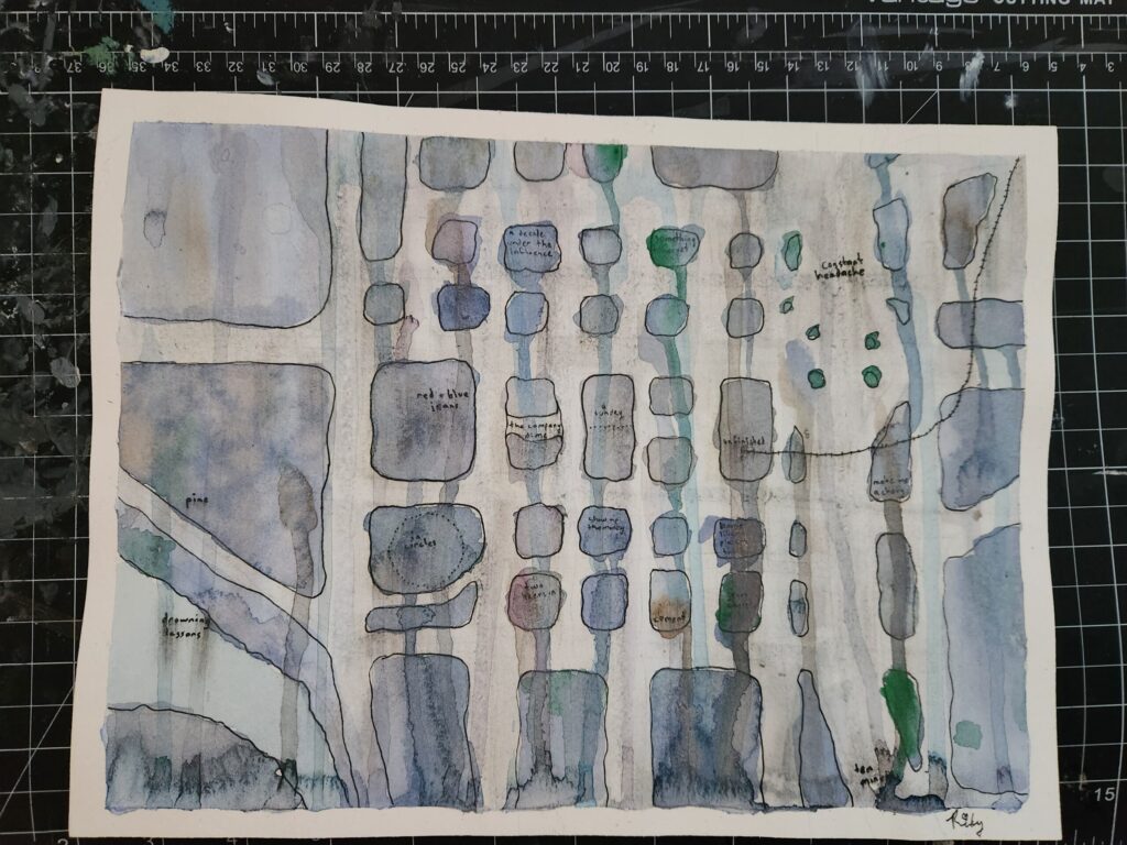 An ink and watercolor map of Downtown Bellevue, Washington