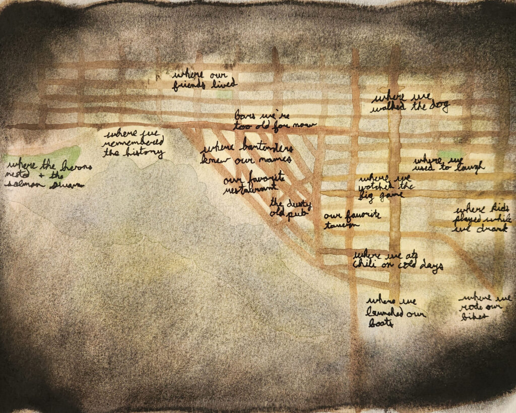 An ink and watercolor map of Ballard, Seattle
