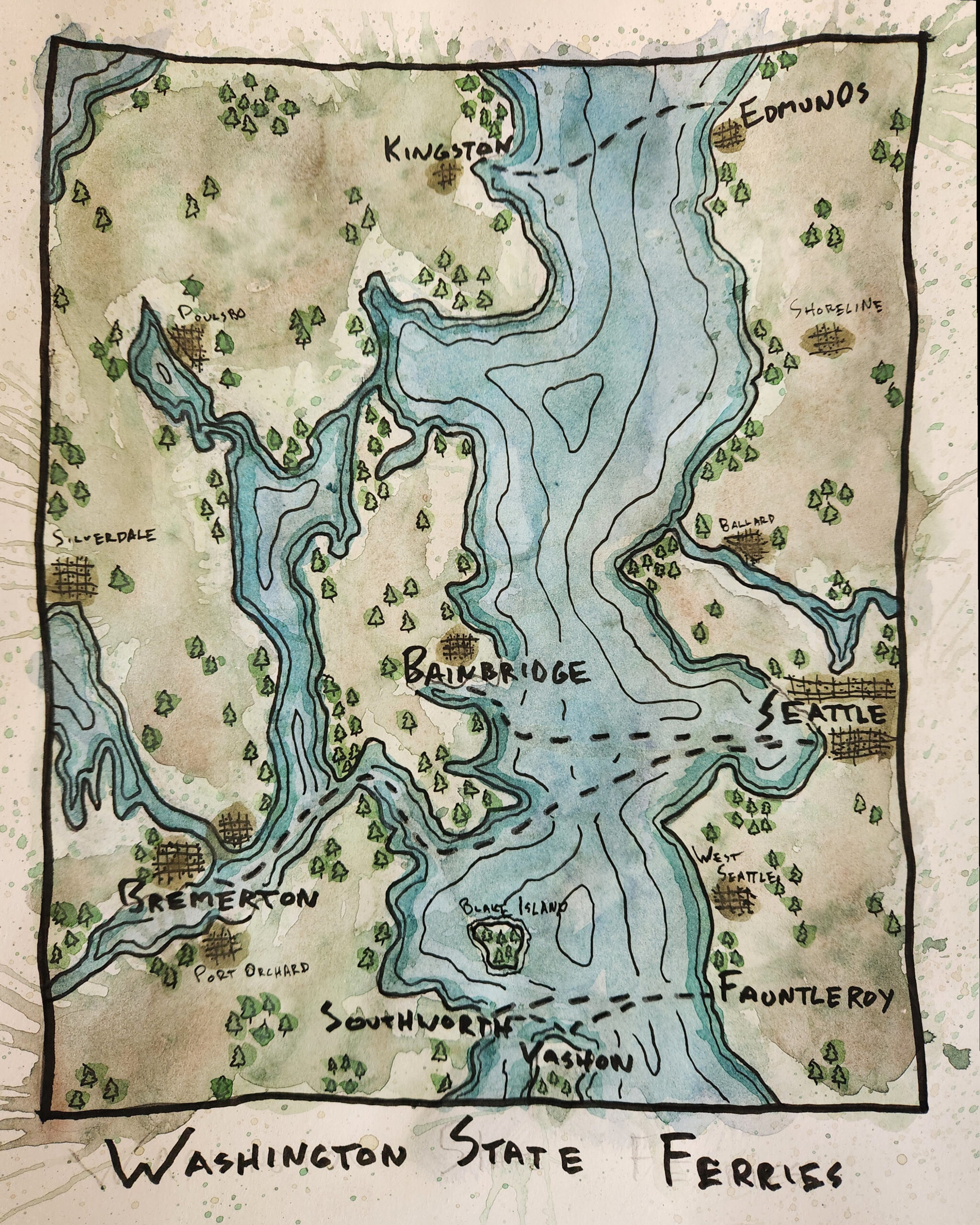 Washington State Ferries in Seattle: A Hand-painted Map Inspired by Rainy Days