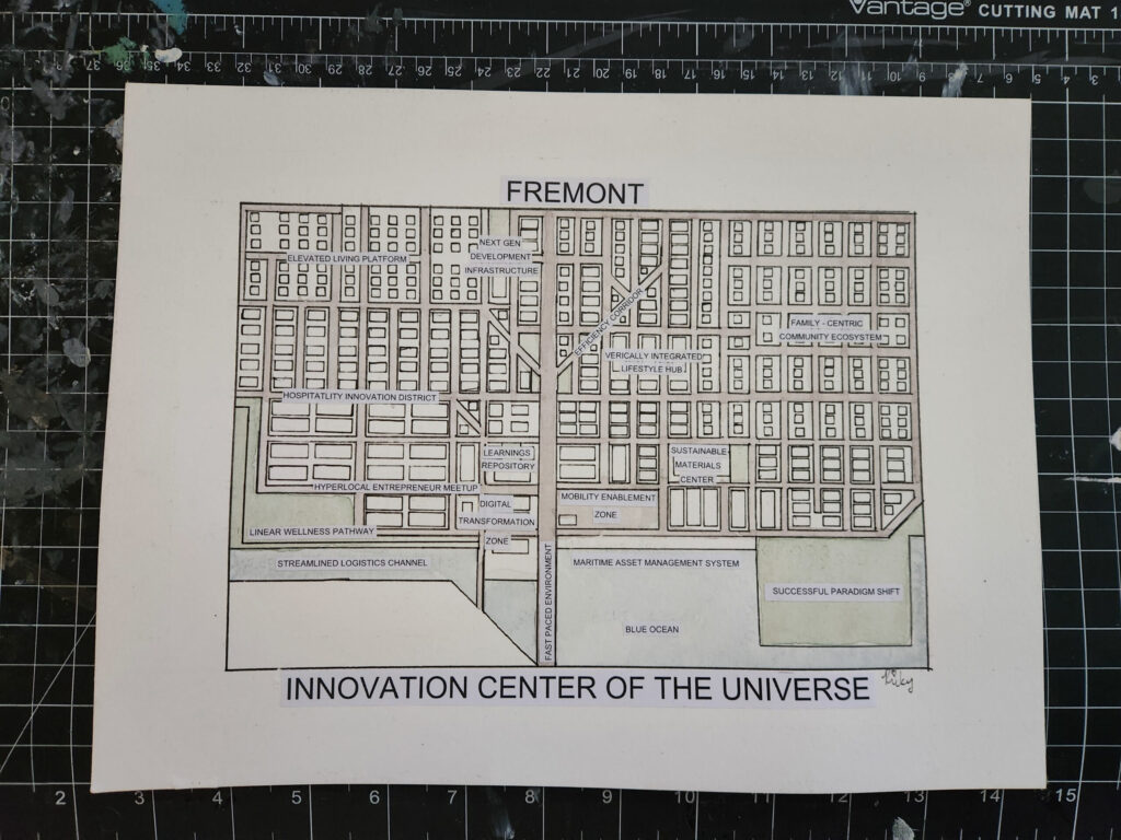An ink and watercolor map of Fremont, Seattle with corporate jargon as labels
