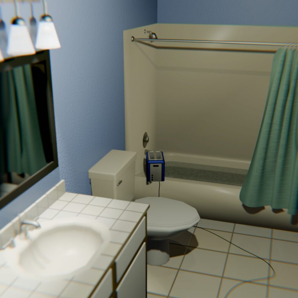 blue and stainless steel toaster next to a bathtub full of water